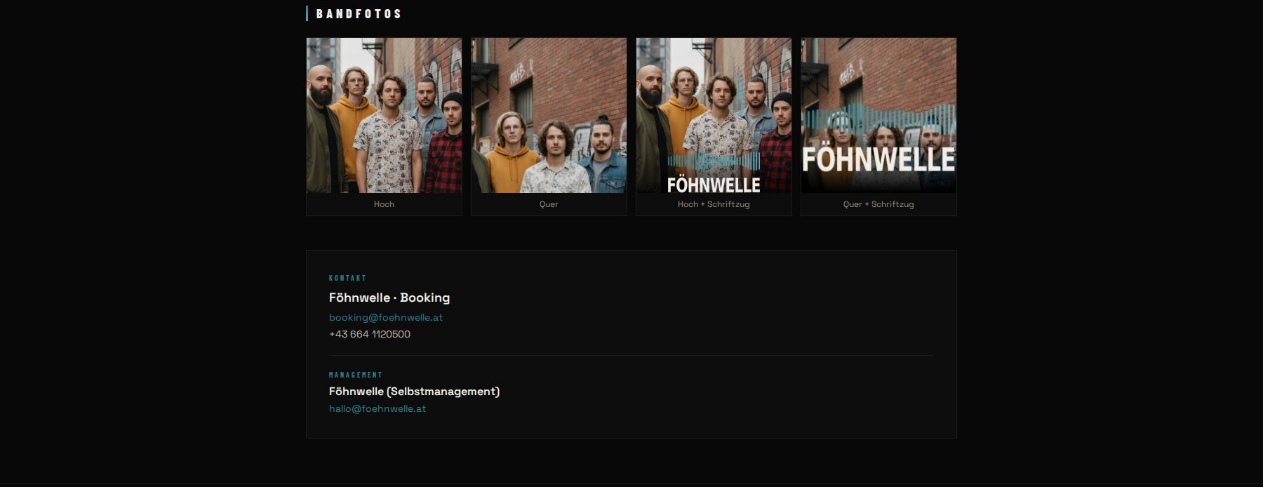 Bandfotos-Sektion im EPK von Föhnwelle: vier Pressefotos in den Formaten Hoch, Quer, Hoch mit Schriftzug und Quer mit Schriftzug zum Download