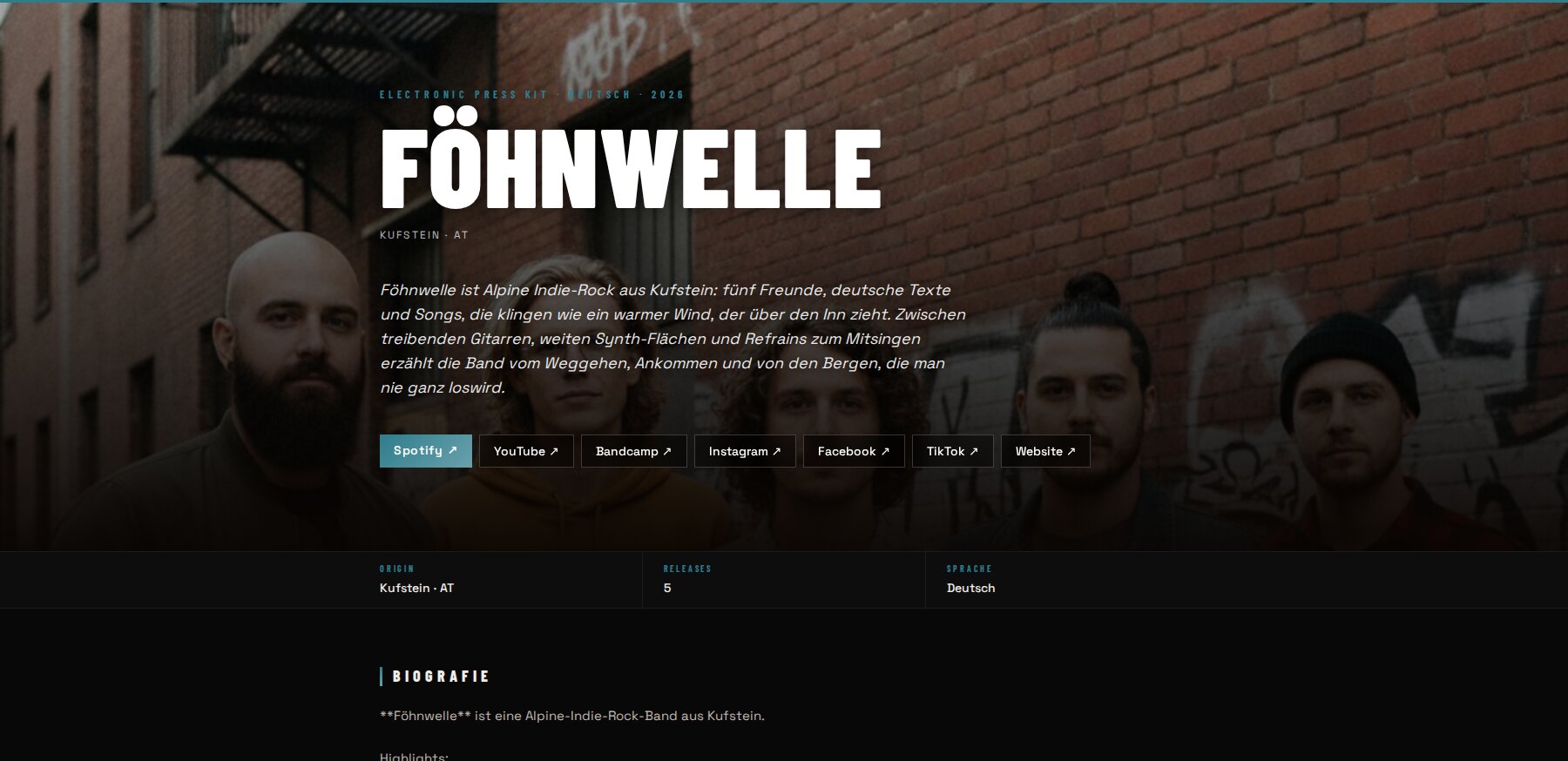 Öffentliches Electronic Press Kit von Föhnwelle: Bandfoto im Hero mit Bandname, Kurz-Bio und Buttons zu Spotify, YouTube, Bandcamp, Instagram, Facebook, TikTok und Website