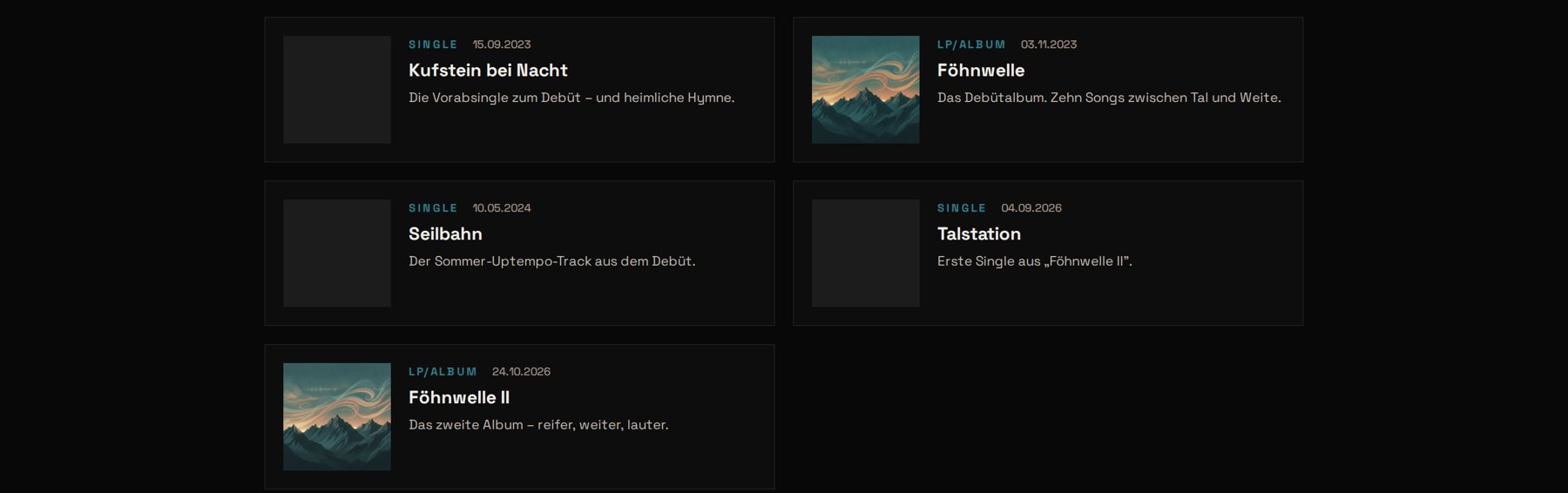 Release-Übersicht im EPK von Föhnwelle: fünf Einträge (Singles und zwei Alben mit Cover) mit Typ, Datum, Titel und Kurzbeschreibung
