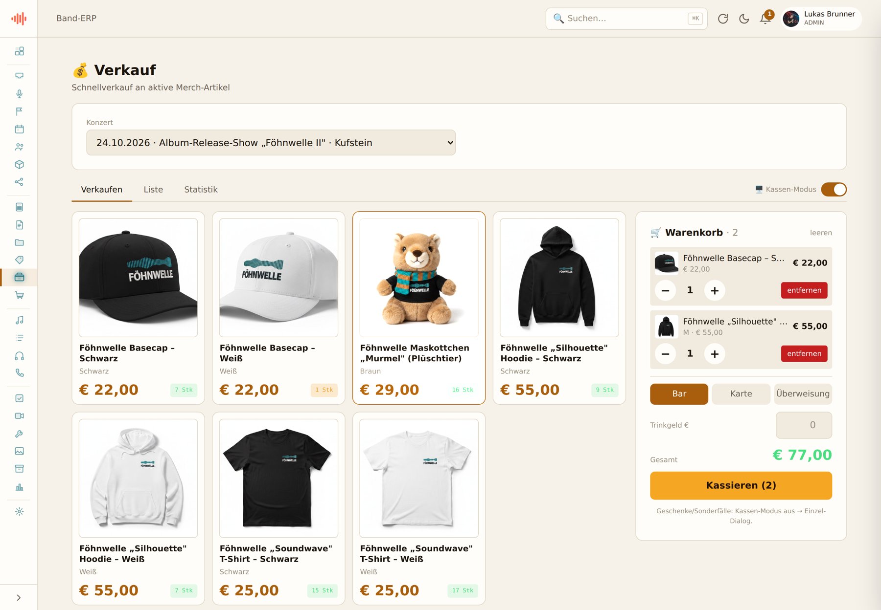 Kassa im Kassen-Modus, helles App-Theme