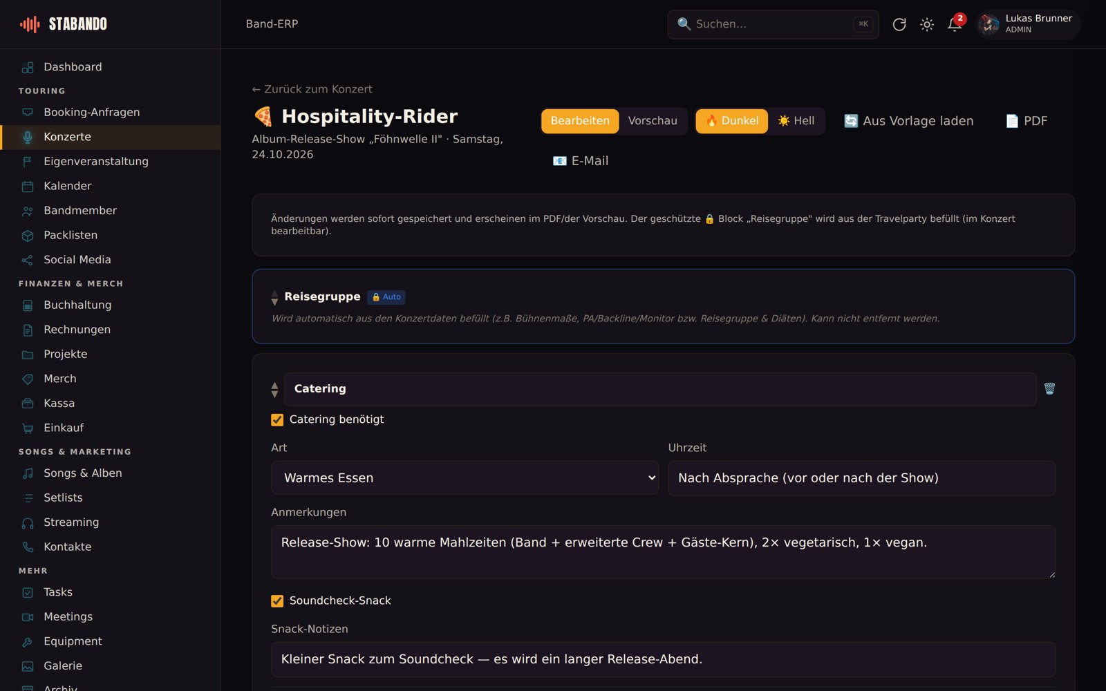 Hospitality-Rider in Stabando: der geschützte Block Reisegruppe wird automatisch aus der Travelparty befüllt, dazu Catering-Angaben, als PDF und per E-Mail teilbar