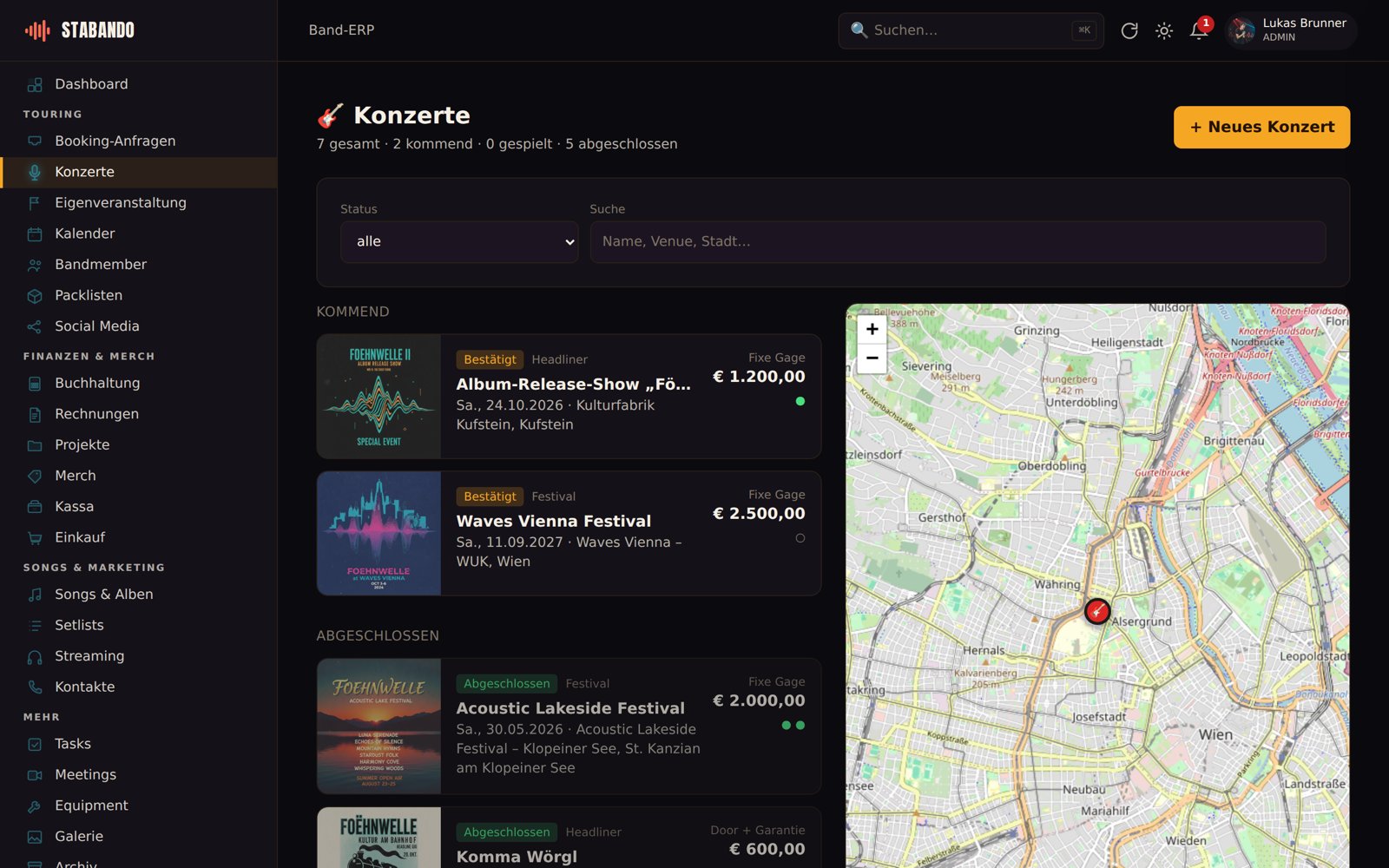 Konzerte-Übersicht in Stabando: Liste aller Gigs mit Status und Gage, daneben eine Karte mit allen Auftrittsorten
