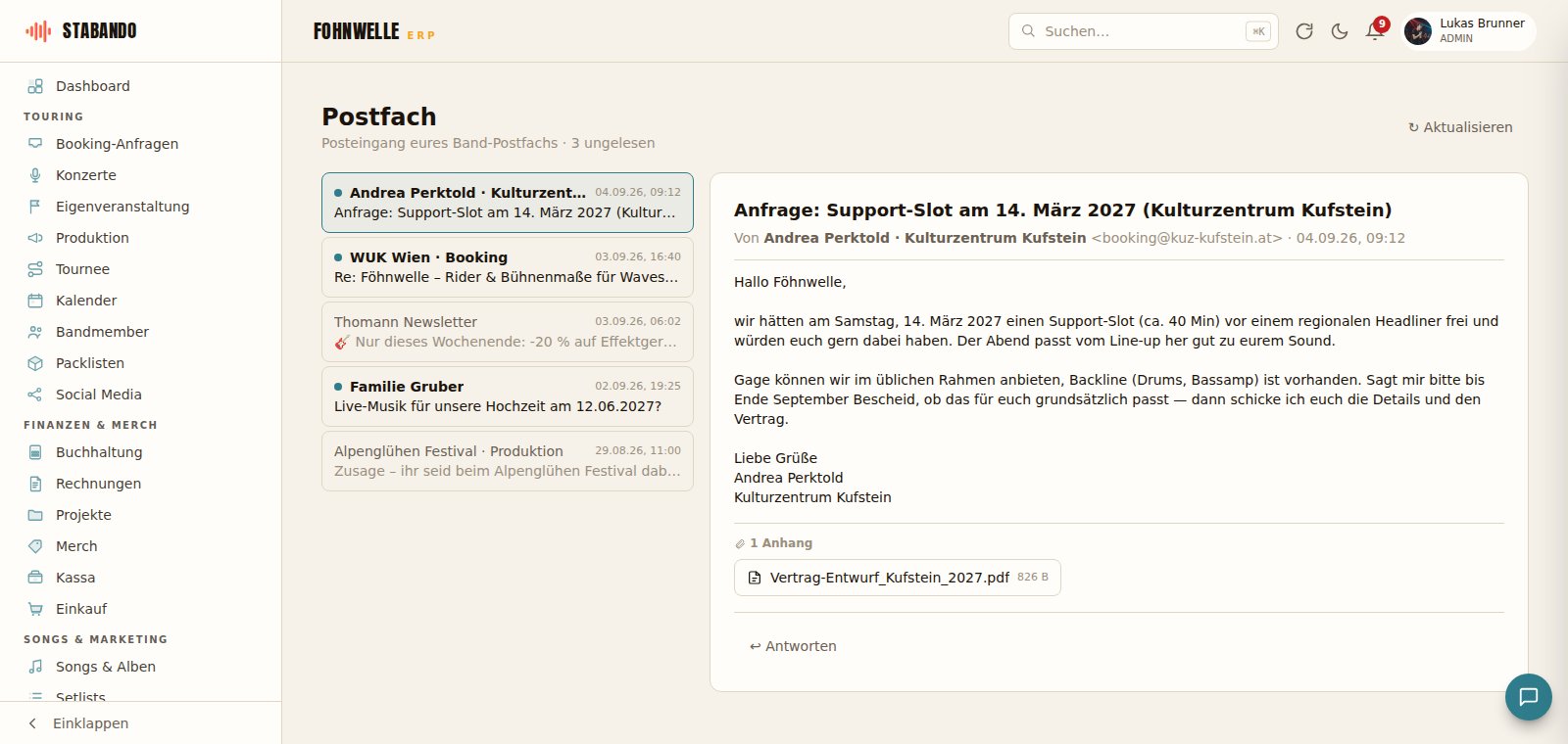 Postfach in Stabando: Posteingang der Band mit Booking-Anfragen, geöffnet ist die Support-Slot-Anfrage eines Veranstalters mit Antworten-Button