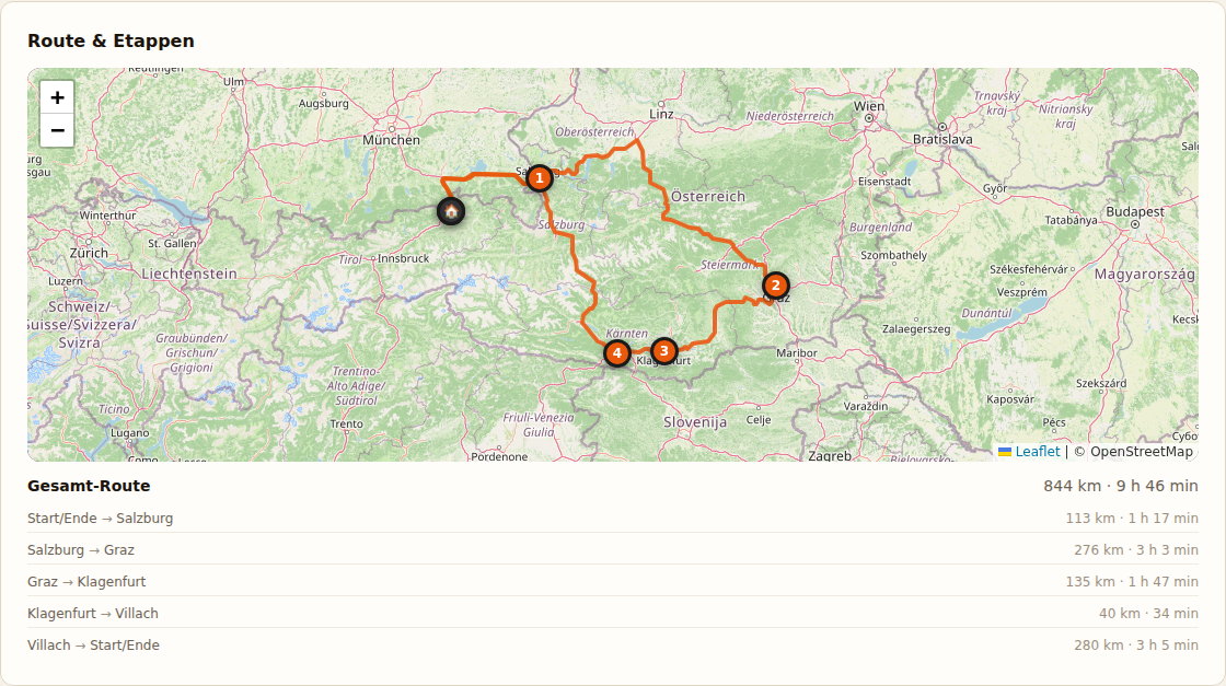 Tour-Route in Stabando auf einer OpenStreetMap-Karte mit nummerierten Stops und der Etappen-Tabelle mit Kilometern und Fahrzeit