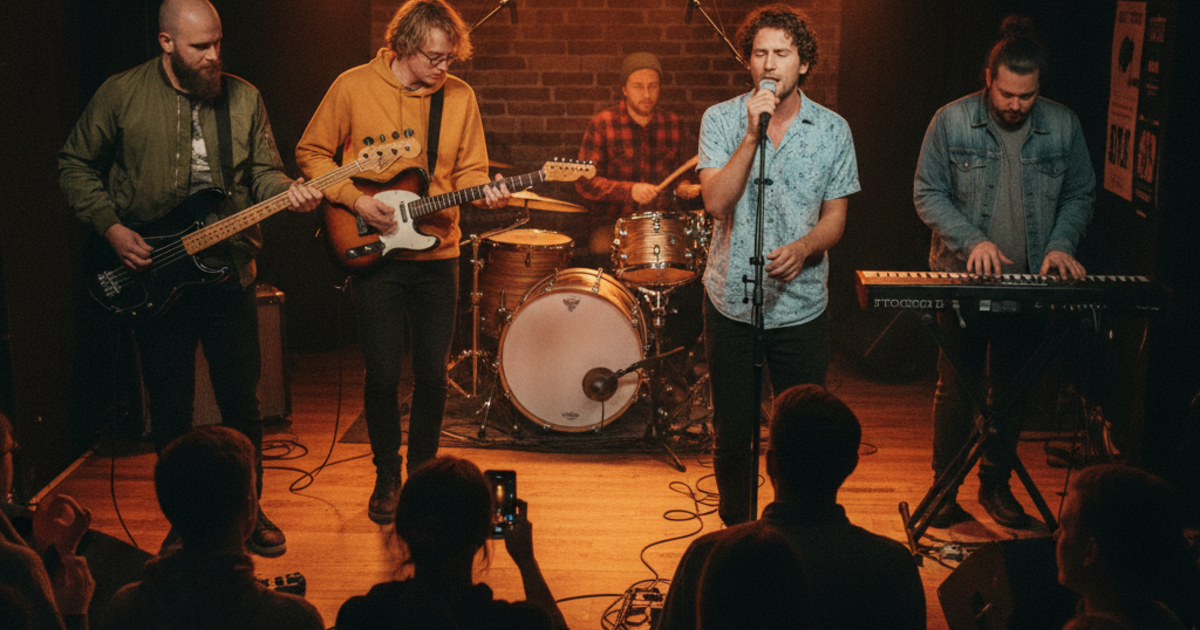 Eine Band auf einer kleinen Clubbühne bei einem Gig