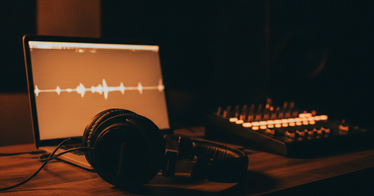 Studio-Stillleben in warmem Licht: Kopfhörer auf einem Schreibtisch neben einem Laptop mit Waveform und einem beleuchteten Mischpult