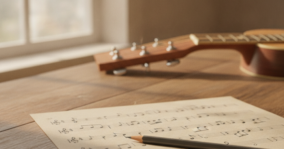 Notenblatt mit handgeschriebenen Noten und ein Bleistift auf einem Holztisch, im Hintergrund der Kopf einer Akustikgitarre