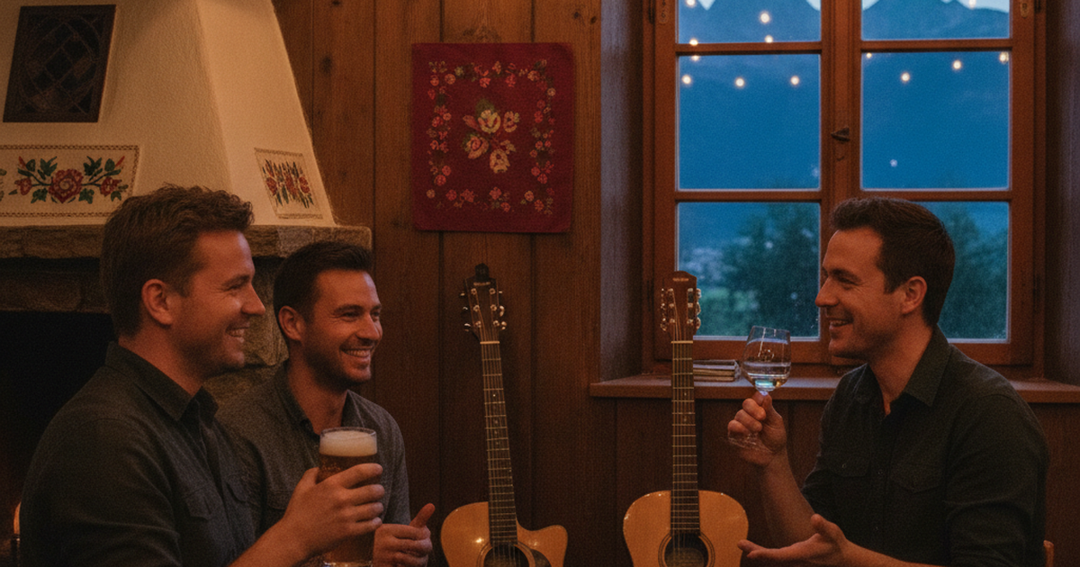 Musiker sitzen bei Gitarren und Getränken zusammen und unterhalten sich in einer gemütlichen Tiroler Stube