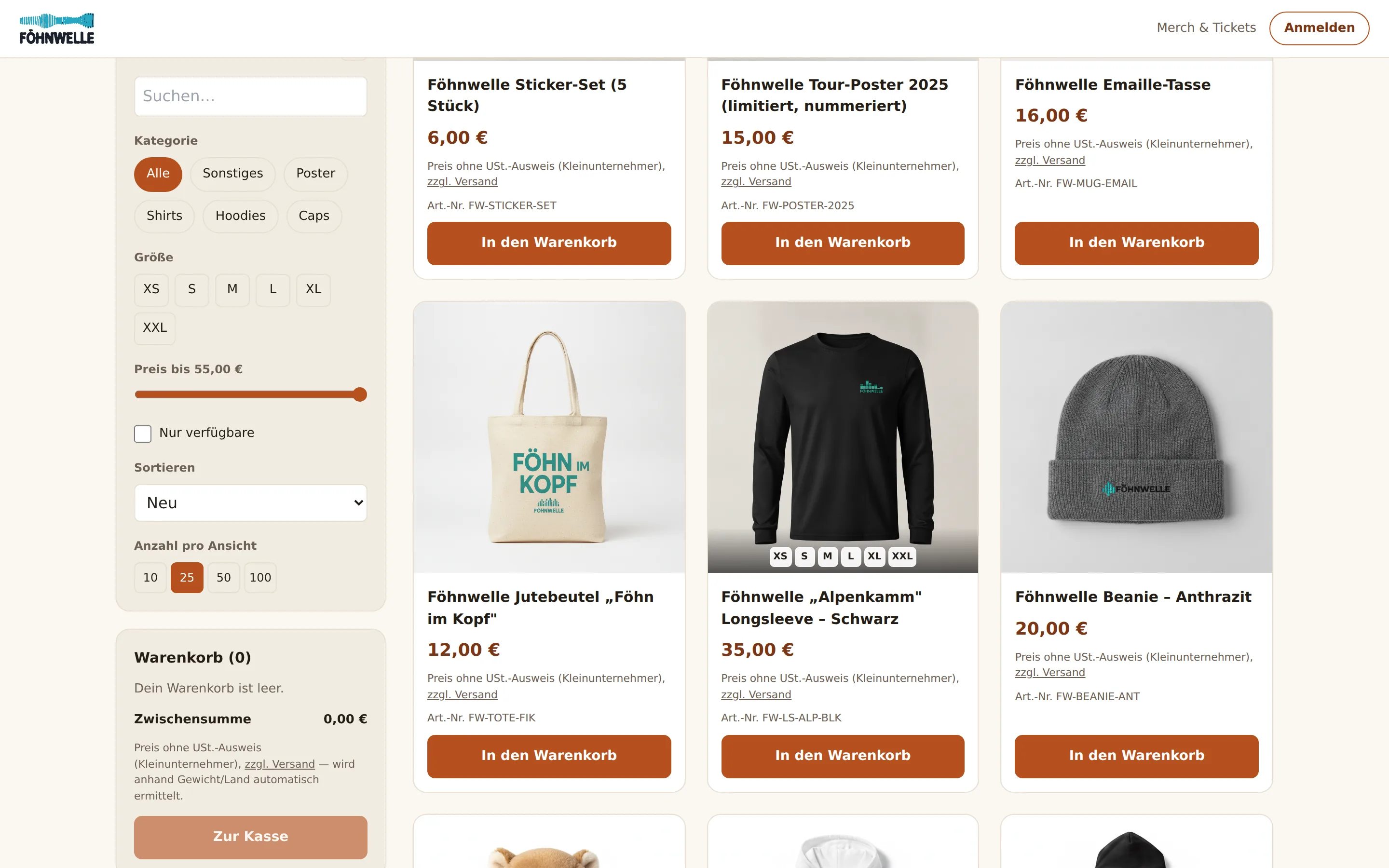 Produktraster mit Filter-Sidebar im Band-Shop