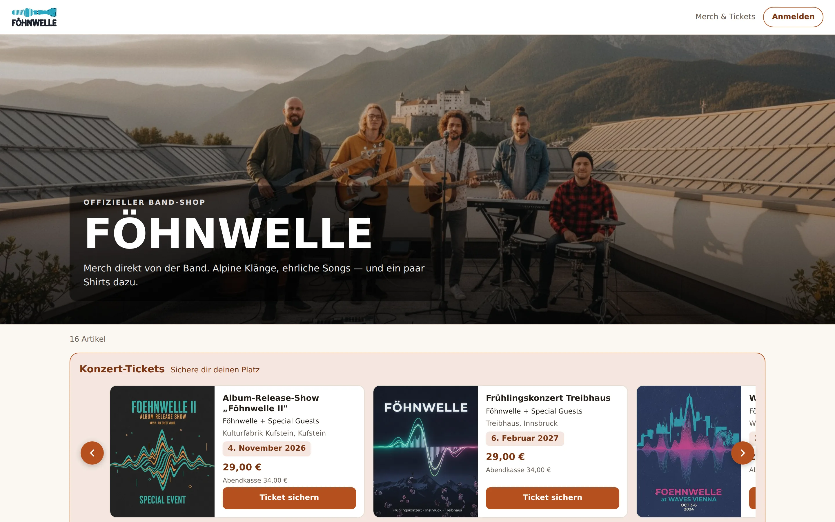 Storefront des Föhnwelle-Band-Shops mit Hero-Bandfoto und Konzert-Ticket-Slider