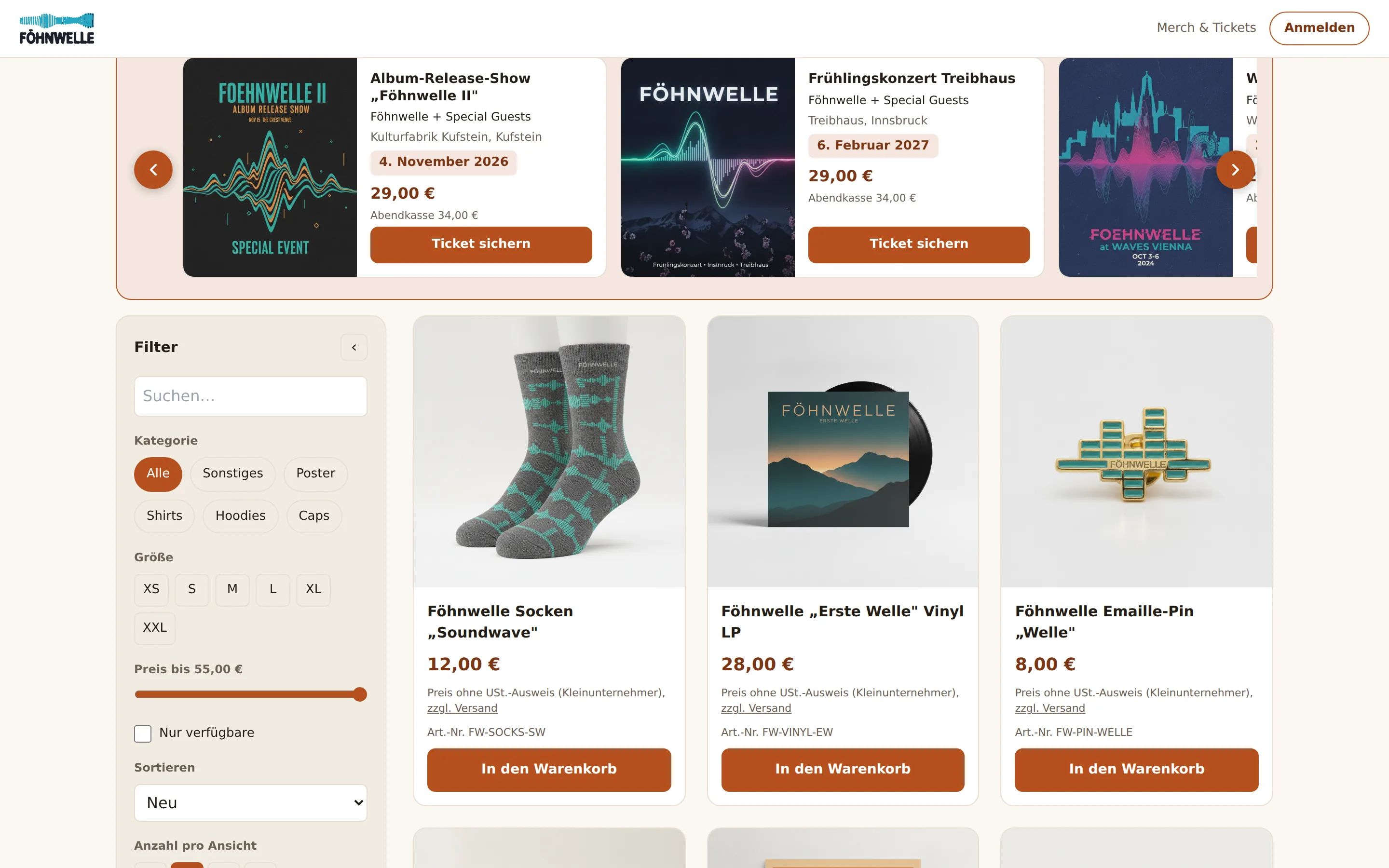 Ticket-Slider im Shop mit kommenden Konzerten