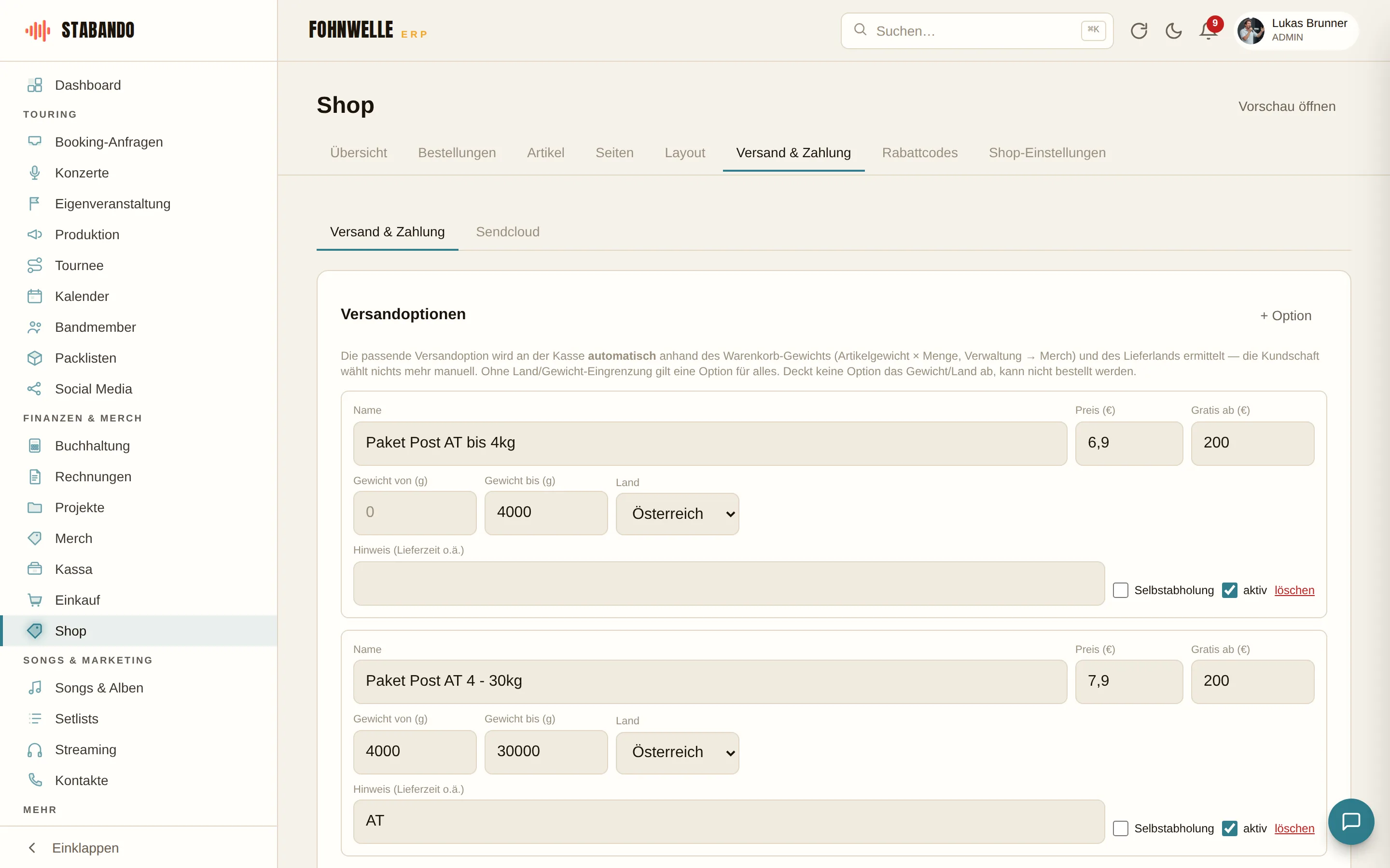 Versand- und Zahlungseinstellungen im Shop-Backend